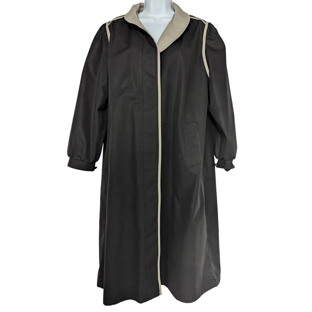 Women’s Black Mid-Length Trench Style Button Front Coat Contrast Trim - Picture 14 of 14
